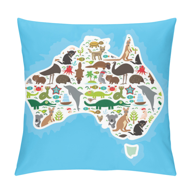 Personality  Map Of Australia. Echidna Platypus Ostrich Emu Tasmanian Devil Cockatoo Parrot Wombat Snake Turtle Crocodile Kangaroo Dingo Octopus Fish. Vector Pillow Covers