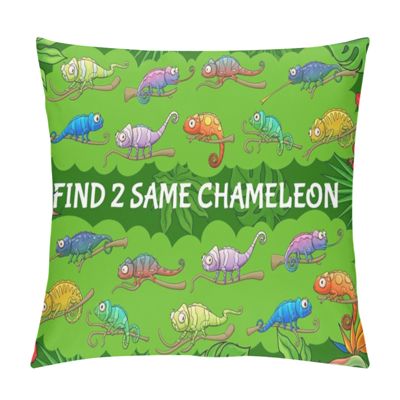 Personality  Cartoon Chameleon Lizards, Find Two Same Chameleons Kids Game. Vector Educational Riddle With Cute Characters And Jungle Plants. Children Leisure Activity Puzzle, Search Similar Reptile Animal Task Pillow Covers