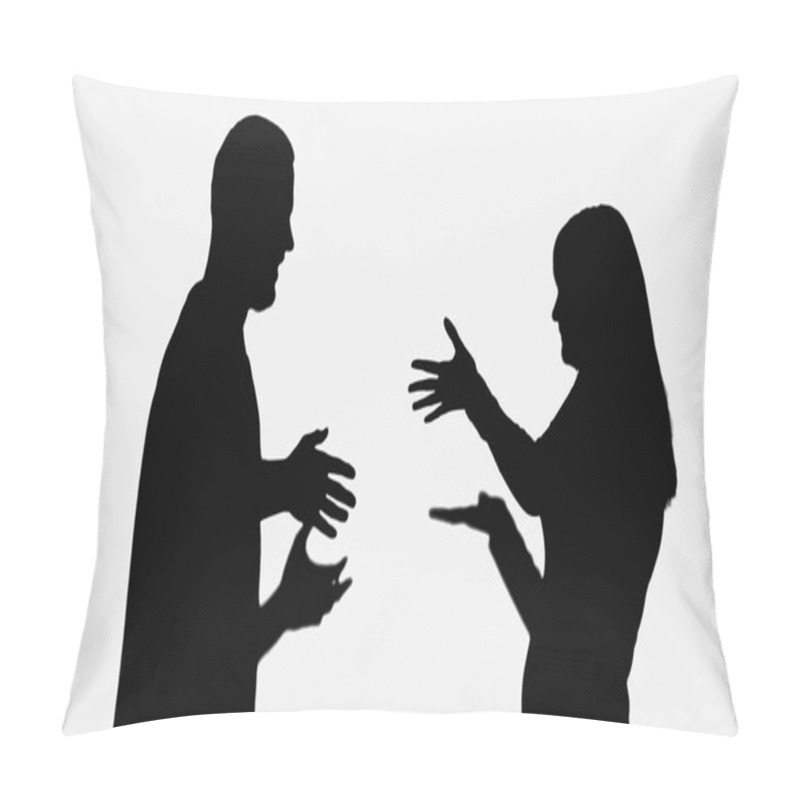 Personality  Black Silhouettes Of Couple Quarreling And Gesturing Isolated On White Pillow Covers