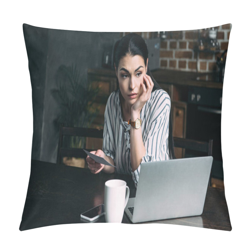 Personality  Depressed Young Woman With Smartphone And Laptop Sitting On Kitchen And Looking Away Pillow Covers