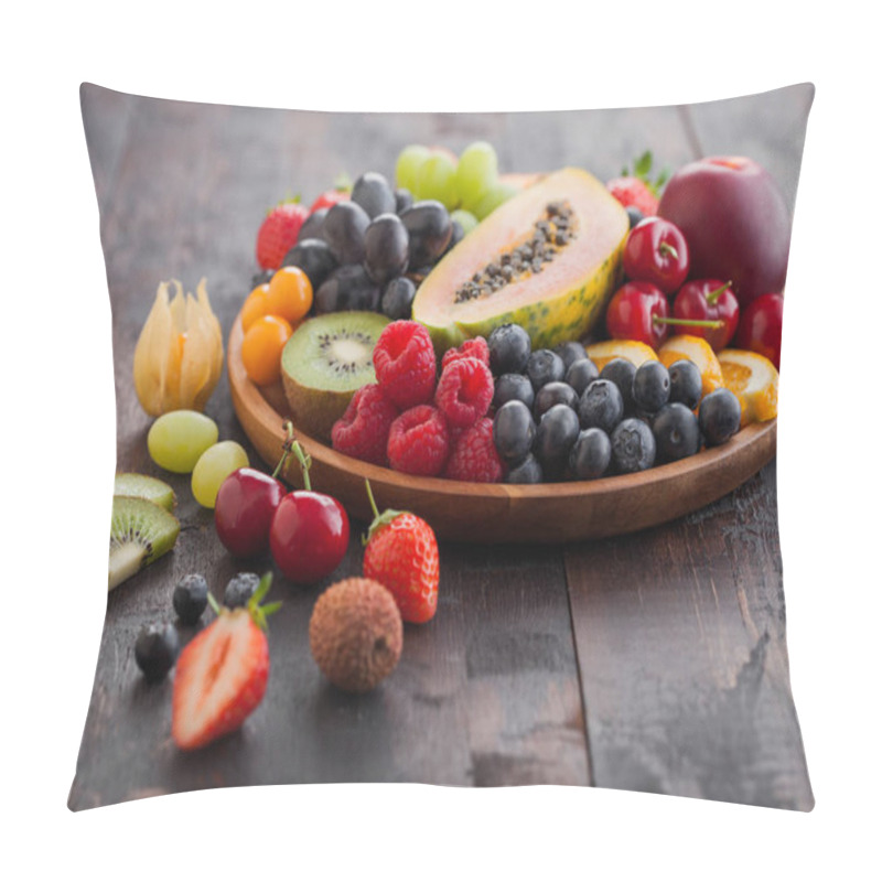 Personality  Fresh Raw Organic Summer Berries And Exotic Fruits In Round Wooden Plate On Dark Wooden Kitchen Background. Papaya, Grapes, Nectarine, Orange, Raspberry, Kiwi, Strawberry, Lychees, Cherry. Top View Pillow Covers