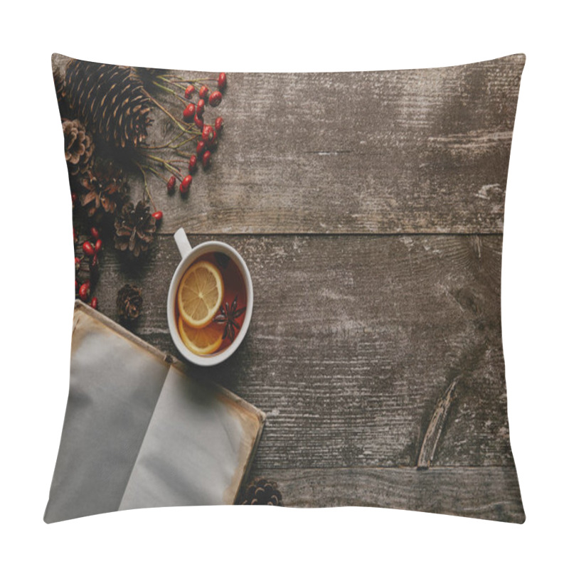 Personality  Flat Lay With Red Holly Berries, Blank Notebook, Cup Of Tea And Pine Cones On Wooden Tabletop Pillow Covers