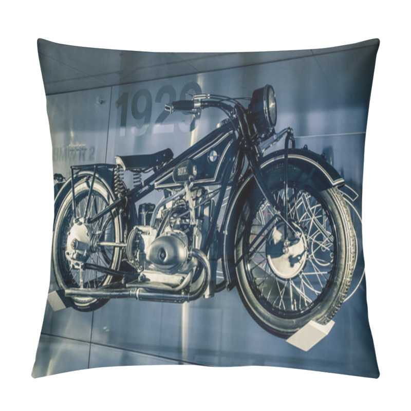 Personality  Munich/ Germany - May, 24 2019: 1929 Classic Motorcycle BMW R63 In BMW Museum/ BMW Welt. Munich Firm's First Ohv 750 Roadster.  Pillow Covers