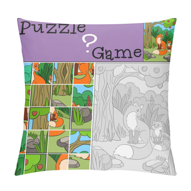 Personality  Education Games For Kids. Puzzle. Mother Fox With Her Little Cute Baby Fox In The Forest.  Pillow Covers