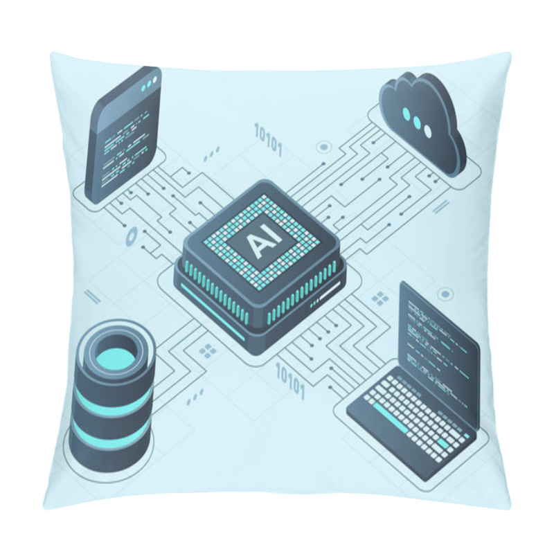 Personality  Isometric Artificial Intelligence Chip Concept. Artificial Intelligence Server. Futuristic Microchip Processor. Isometric Cloud Computing. Vector Illustration Pillow Covers