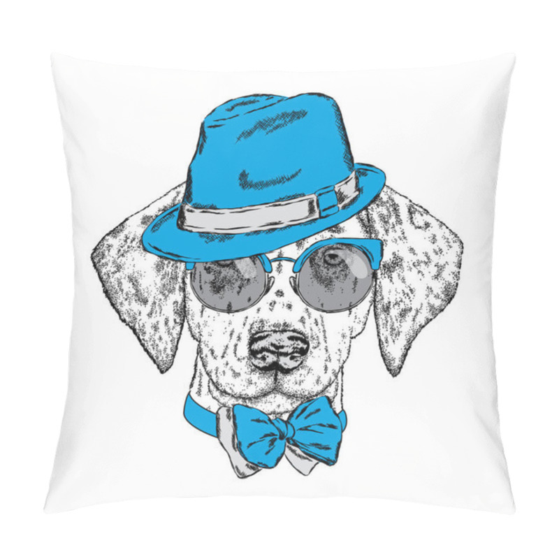 Personality  Cute Puppy Wearing A Hat, Sunglasses And A Tie. Vector Illustration. Beautiful Dog. Dalmatians. Pillow Covers