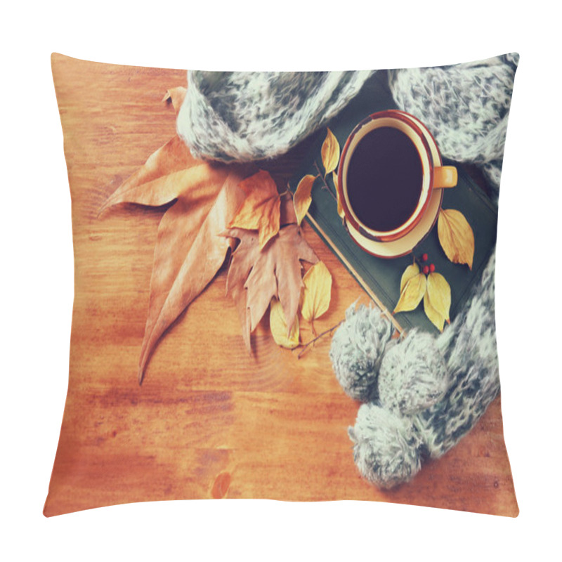 Personality  Top View Of Cup Of Black Coffee With Autumn Leaves, A Warm Scarf And Old Book On Wooden Background. Filreted Image Pillow Covers