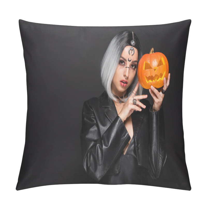 Personality  Ash Blonde Woman In Witch Costume Holding Jack O Lantern Isolated On Black Pillow Covers