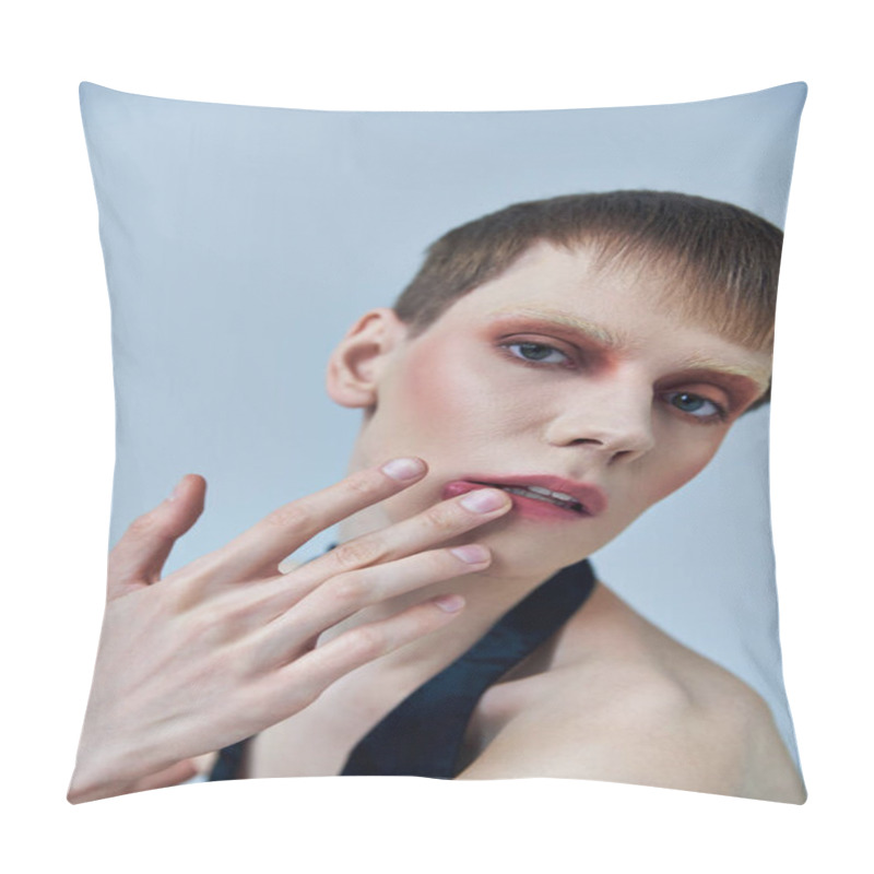 Personality  Queer Person With Makeup Looking At Camera On Grey, Androgynous, Touching Lip, Self Expression Pillow Covers