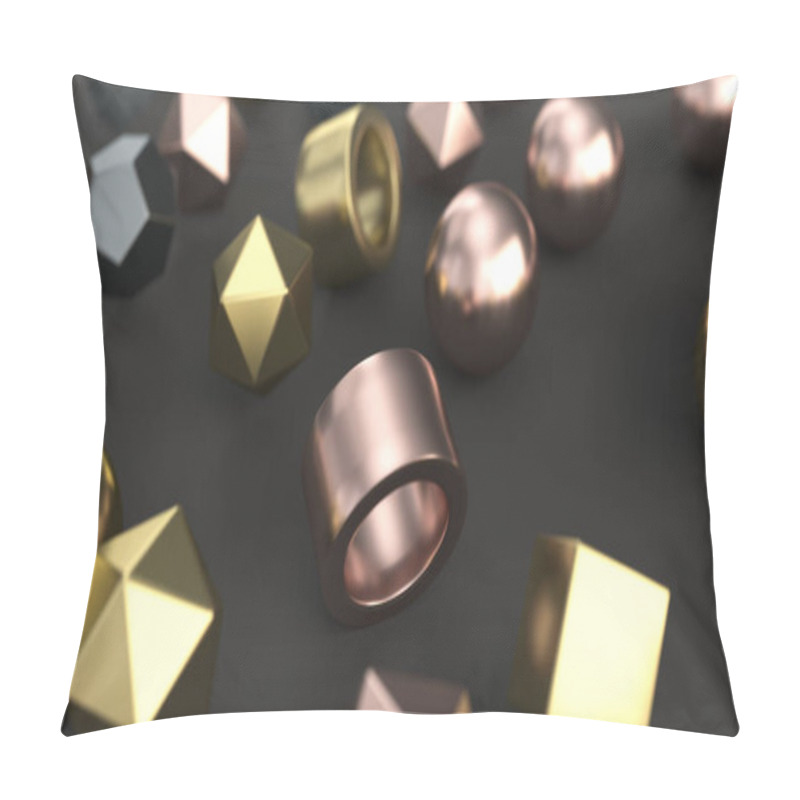 Personality  Pattern From Metal Primitives On Black Surface. Abstract Geometric Background. 3D Rendering Illustration Pillow Covers