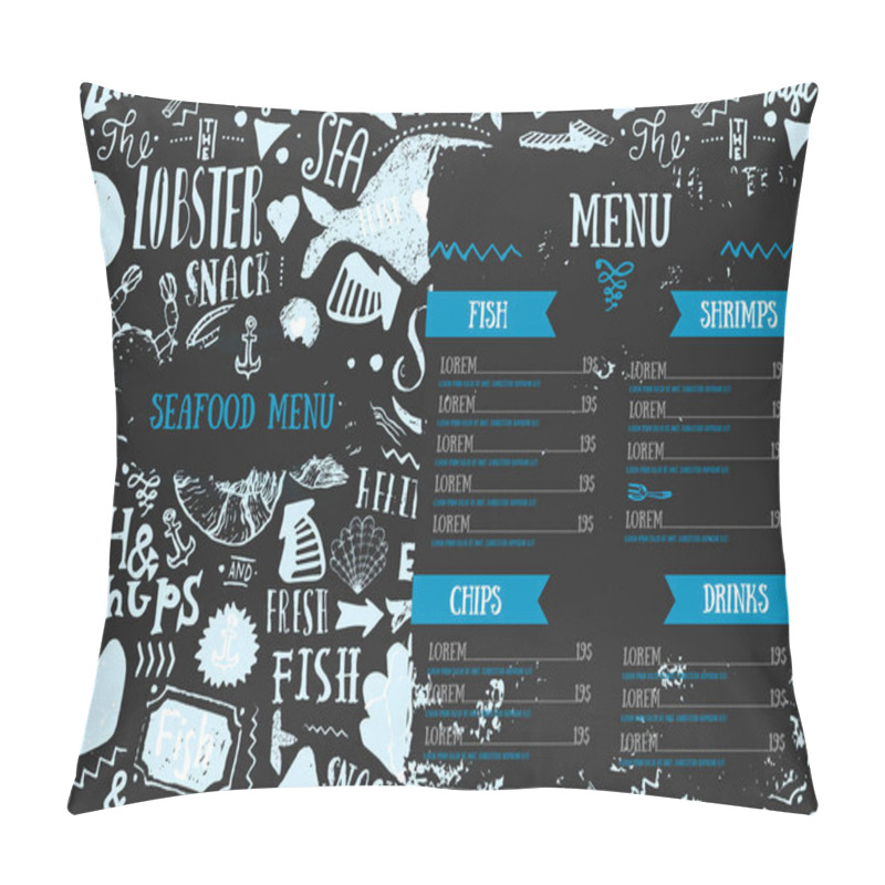 Personality  Seafood Menu With Sketch Fish And Lettering. Identity For Restaurant And Cafe. Hand Drawn Design Template With Hand-drawn Illustrations On Dark Chalkboard Pillow Covers