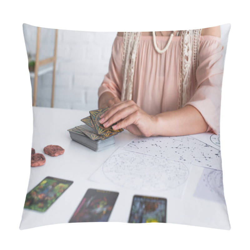 Personality  KYIV, UKRAINE - JUNE 29, 2022: Partial View Of Fortune Teller Near Tarot Cards And Constellation Maps  Pillow Covers