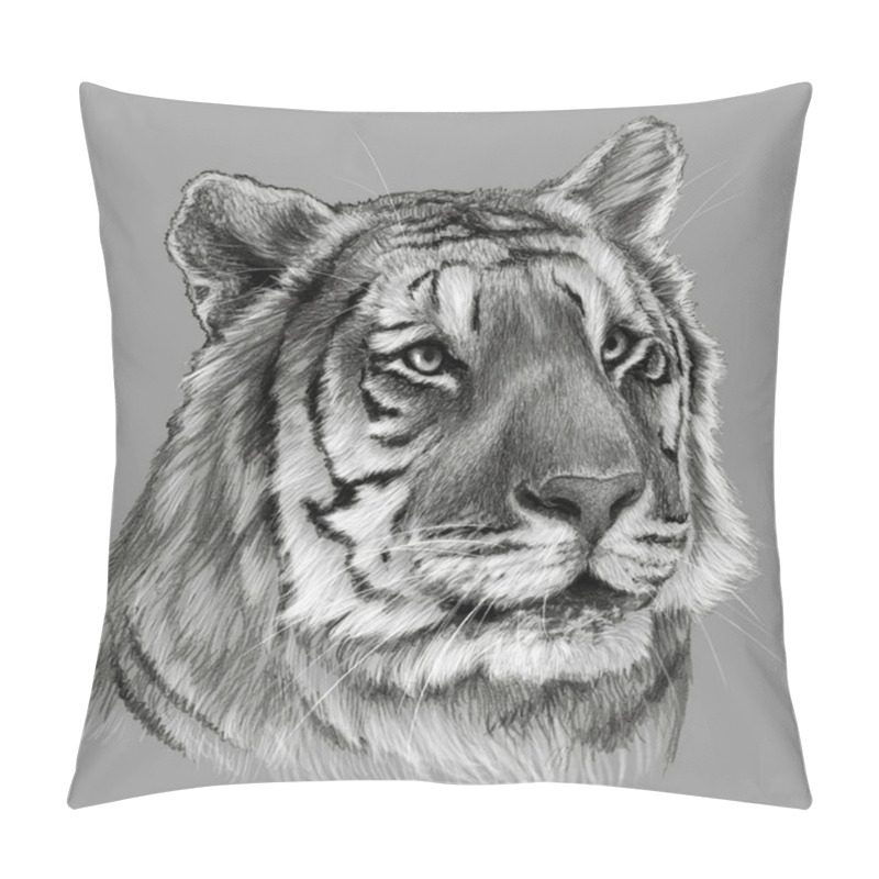 Personality  Tiger`s Head Isolated On Gray Background. Pencil Drawing, Monochrome Image Pillow Covers