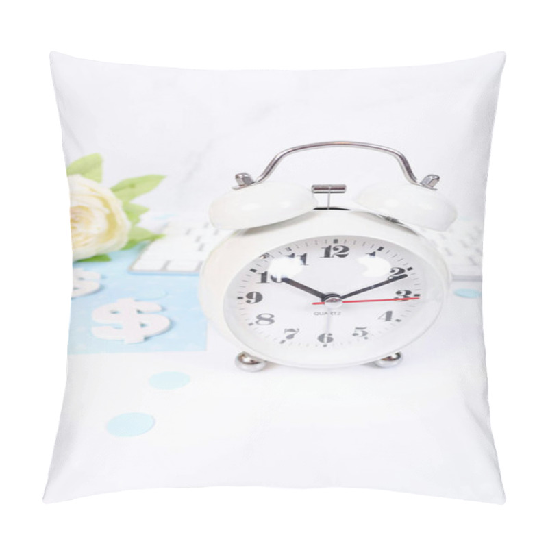 Personality  White Alarm Clock On A Desk With Decor Elements, Symbolizing Time Management. Pillow Covers