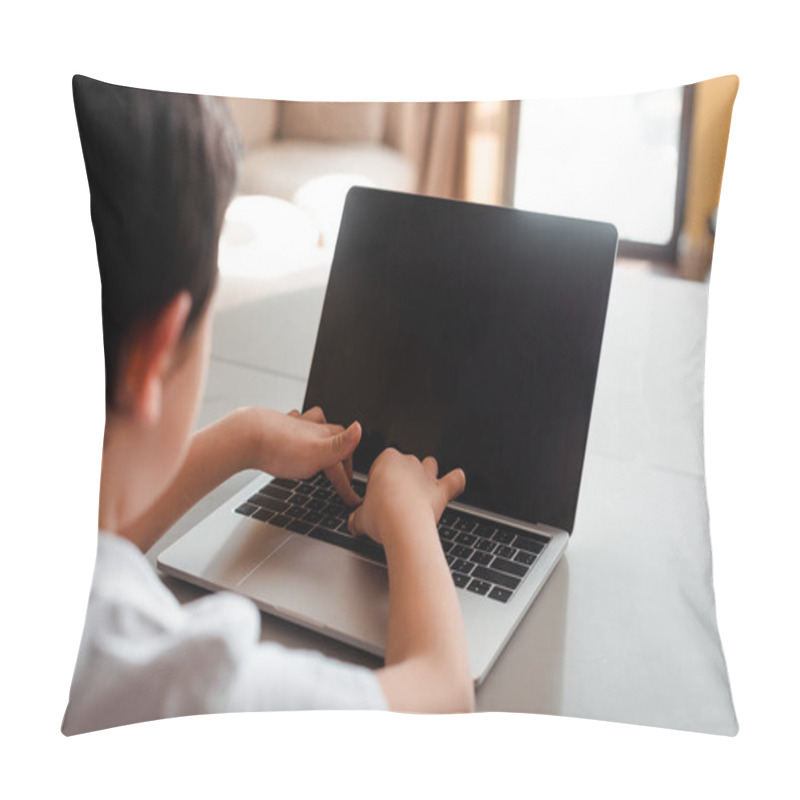 Personality  Cropped View Of Boy Studying Online And Typing On Laptop With Blank Screen At Home During Self Isolation Pillow Covers