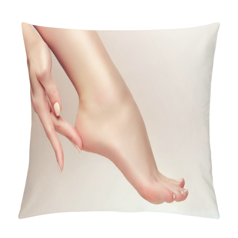 Personality  Perfect Clean Female Feet . Beautiful And Elegant Groomed Girl's Hand Touching Her Foot Heel . Spa ,scrub And Foot Care . Pillow Covers