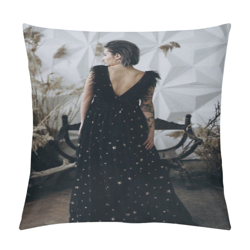 Personality  Back View Of Tattooed Model Wearing Black Dress Posing In The Studio  Pillow Covers