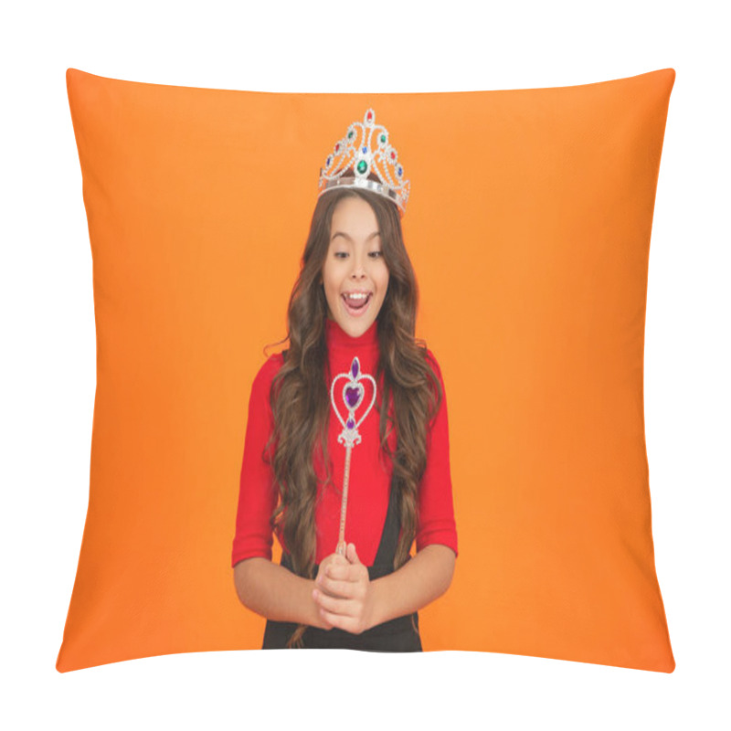 Personality  Magic Wand Spell. Happy Teen Girl In Crown Make A Wish. Party Princess With Magic Wand. Happy Birthday. Birthday Girl Isolated On Orange. Teen Girl In Crown At Birthday Party. Party Celebration. Pillow Covers