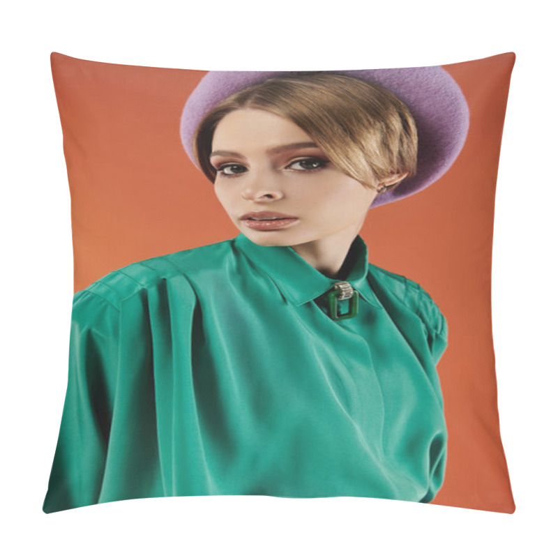 Personality  A Young Woman In A Vibrant Green Shirt And A Purple Beret Poses Against A Warm Orange Backdrop. Pillow Covers