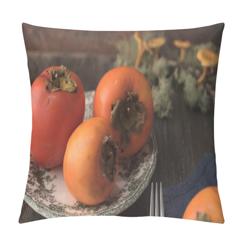 Personality  Delicious Orange Persimmons On Wooden Table. Pillow Covers