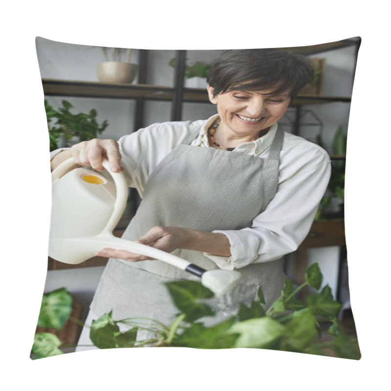 Personality  A Gardener Happily Waters Lush Greenery Surrounded By Vibrant Plant Life. Pillow Covers