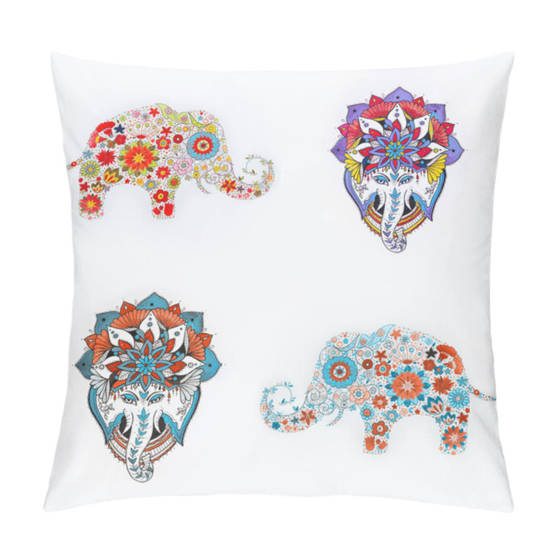 Personality  Set Of Elephant Sketches With Floral Patterns And Mandala On A White Background. Pillow Covers