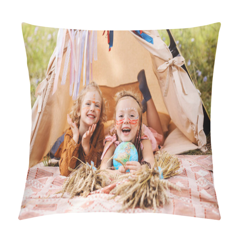 Personality  Two Cheerful Little Girls With Native Americans Make Up On Their Faces Inside Wigwam Are Having Fun Outdoors In Summer. Summer Holidays, Children's Party, Multicultural Festival.  Pillow Covers