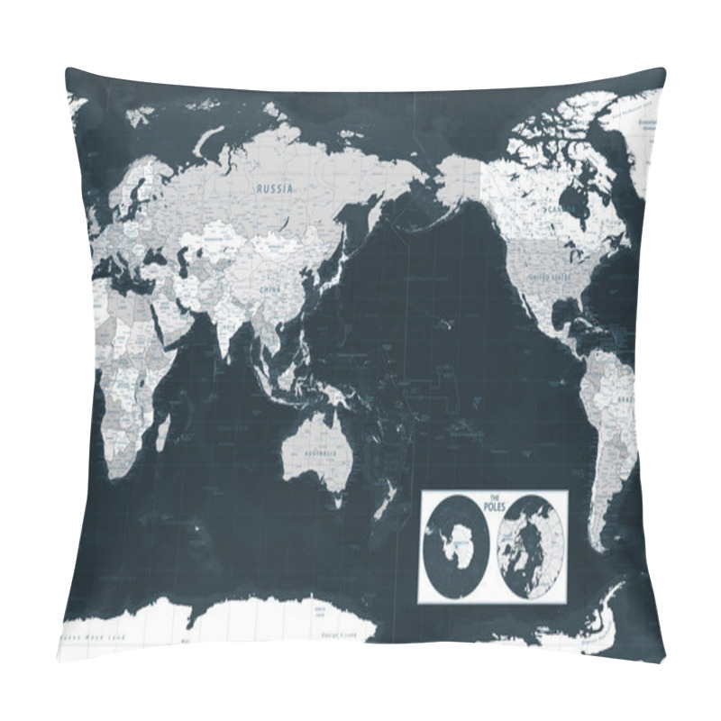 Personality  World Map - Pacific View - Asia China Center - Dark Black Grayscale Political - Vector Detailed Pillow Covers