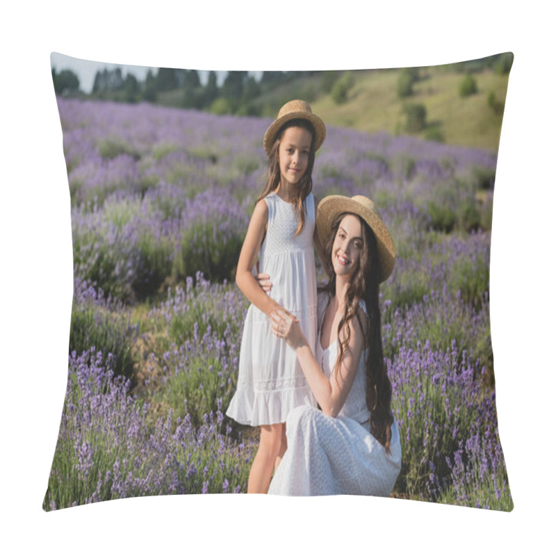 Personality  Happy Woman Hugging Daughter And Looking At Camera In Lavender Field Pillow Covers