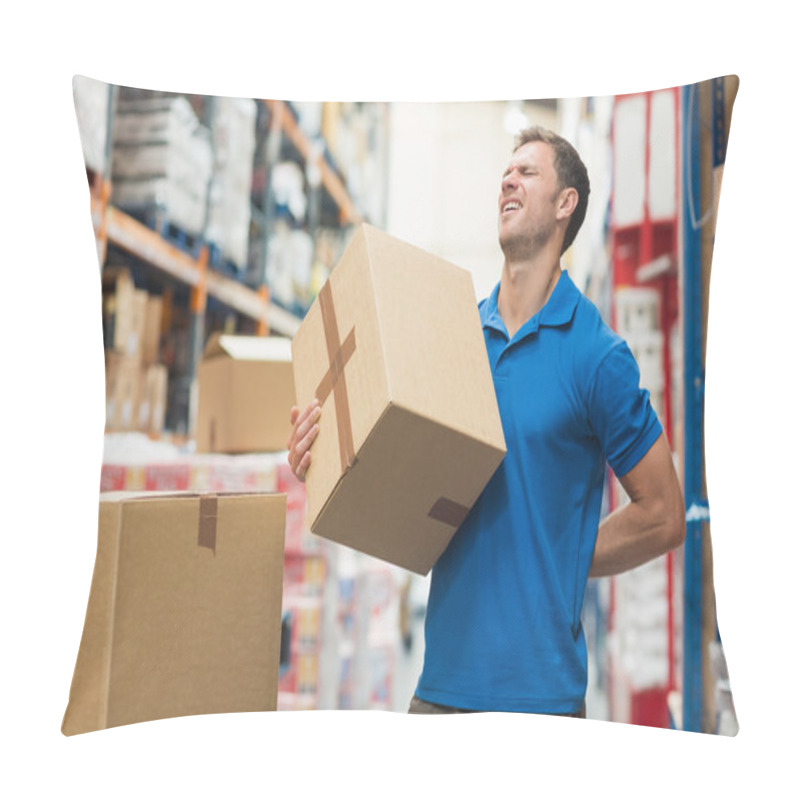 Personality  Worker With Backache While Lifting Box In Warehouse Pillow Covers