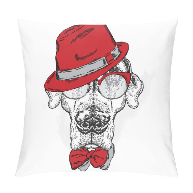 Personality  Pointer. Beautiful Dog In A Hat, Sunglasses And A Tie. Vector Illustration. Pillow Covers