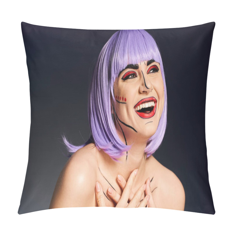 Personality  A Stylish Woman With Purple Hair And Pop Art Makeup Joyfully Smiles In A Comic-book Inspired Setting. Pillow Covers