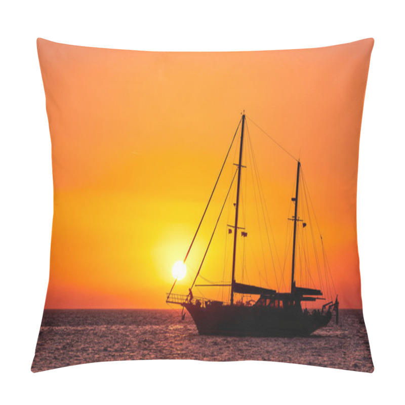 Personality  Silhouette Of Sailing Boat With Sails Down Against Sun At Sunset, Sun Glare On Sea Waters. Romantic Seascape, Sun Touch Headsail Ropes. Pillow Covers