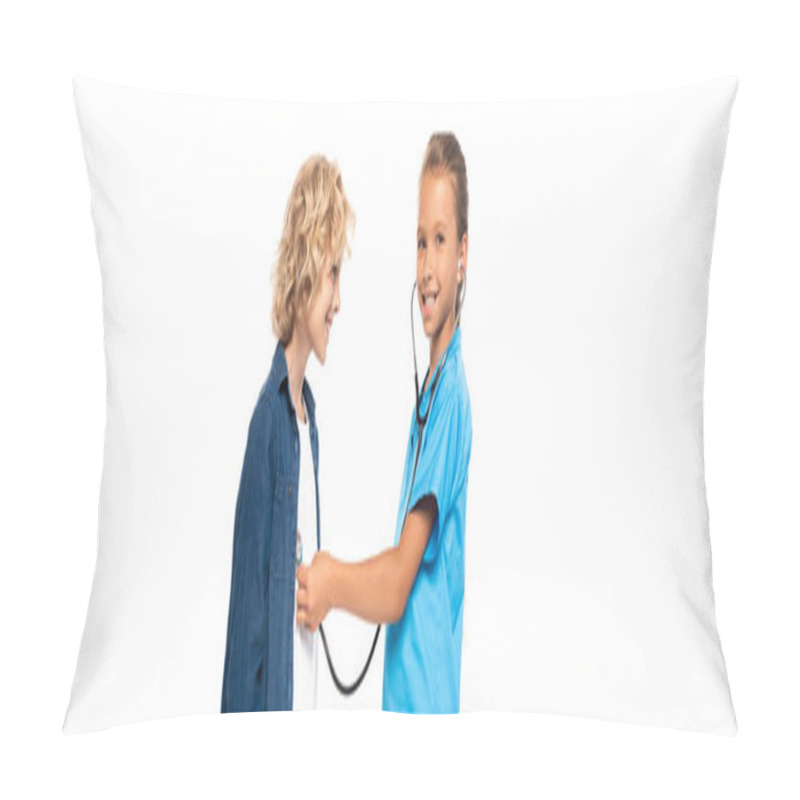 Personality  Panoramic Shot Of Child In Costume Of Doctor Examining Curly Boy Isolated On White  Pillow Covers