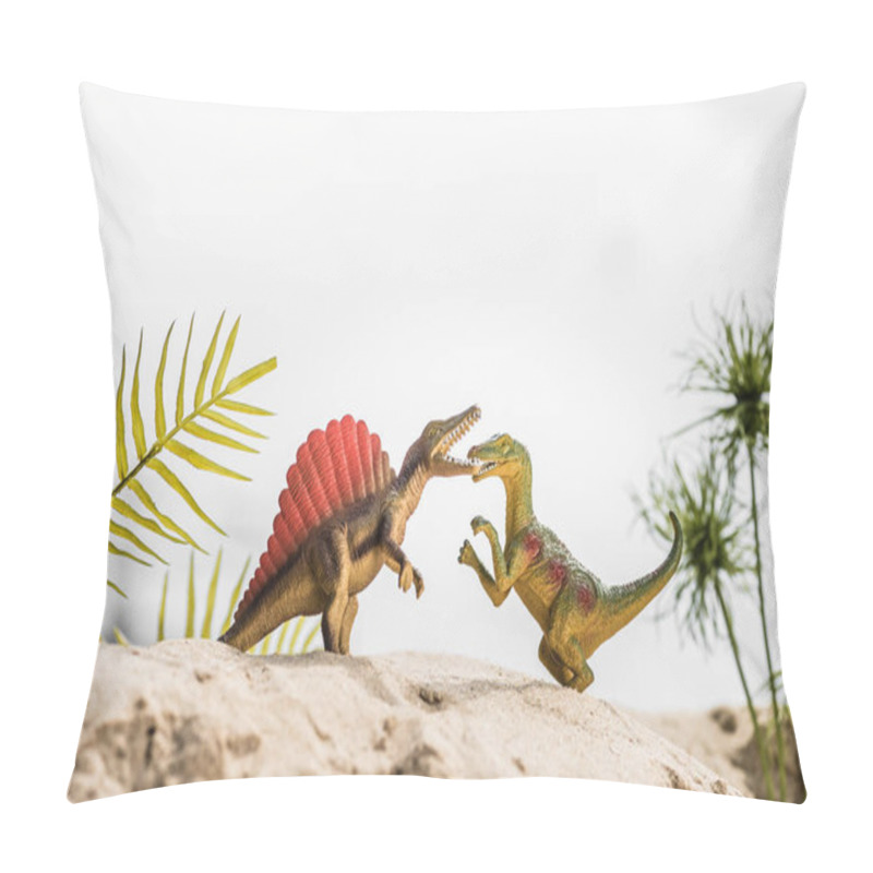 Personality  Selective Focus Of Toy Dinosaurs Roaring On Sand Dune With Exotic Leaves Pillow Covers