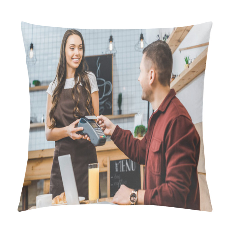 Personality  Beautiful Waitress Holding Terminal Wile Freelancer Sitting At Table With Laptop And Paying With Smartphone In Coffee House Pillow Covers