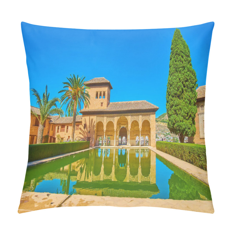 Personality  GRANADA, SPAIN - SEPTEMBER 25, 2019: The Facade Of Partal Palace Portico And Ladies Tower With A Pool Of Partal Garden On The Foreground, Alhambra, On September 25 In Granada Pillow Covers