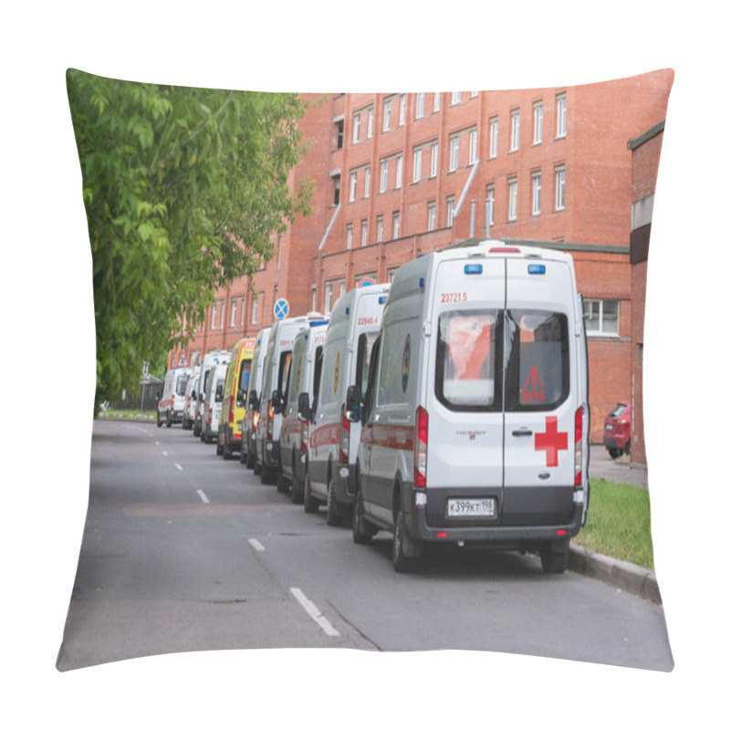 Personality  Saint Petersburg, Russia - June 13, 2021: A Queue Of Ambulances Wait For The Turn At The Admission Department Of Pokrovskaya Hospital. There Is An Increase In The Number Of Cases Of Coronavirus In The City. Pillow Covers