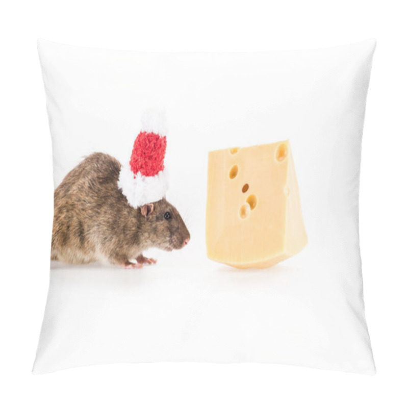 Personality  Rat In Santa Hat And Cheese On White Background With Copy Space In New Year  Pillow Covers