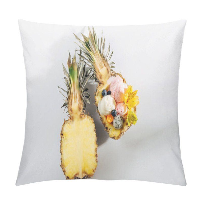 Personality  Balls Of Ice Cream Decoration Flowers And Berries In Halves Of  Pineapple. Summer Tropical Concept. Pillow Covers