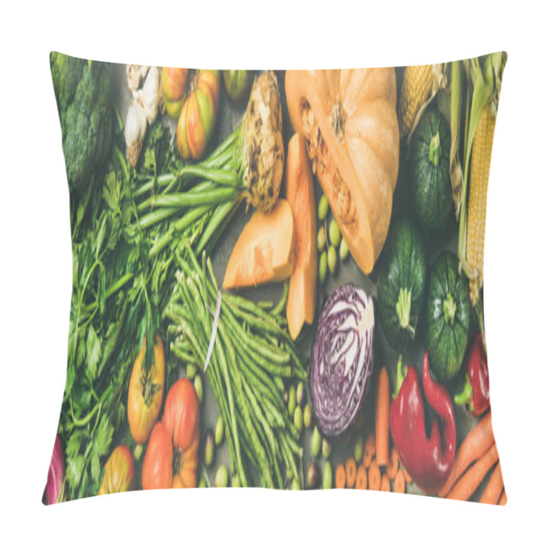 Personality  Healthy Vegetarian Seasonal Fall Food Cooking Background. Flat-lay Of Autumn Vegetables And Herb From Local Market Over Grey Concrete Background, Top View, Wide Composition. Vegan, Alkaline Diet Food Pillow Covers