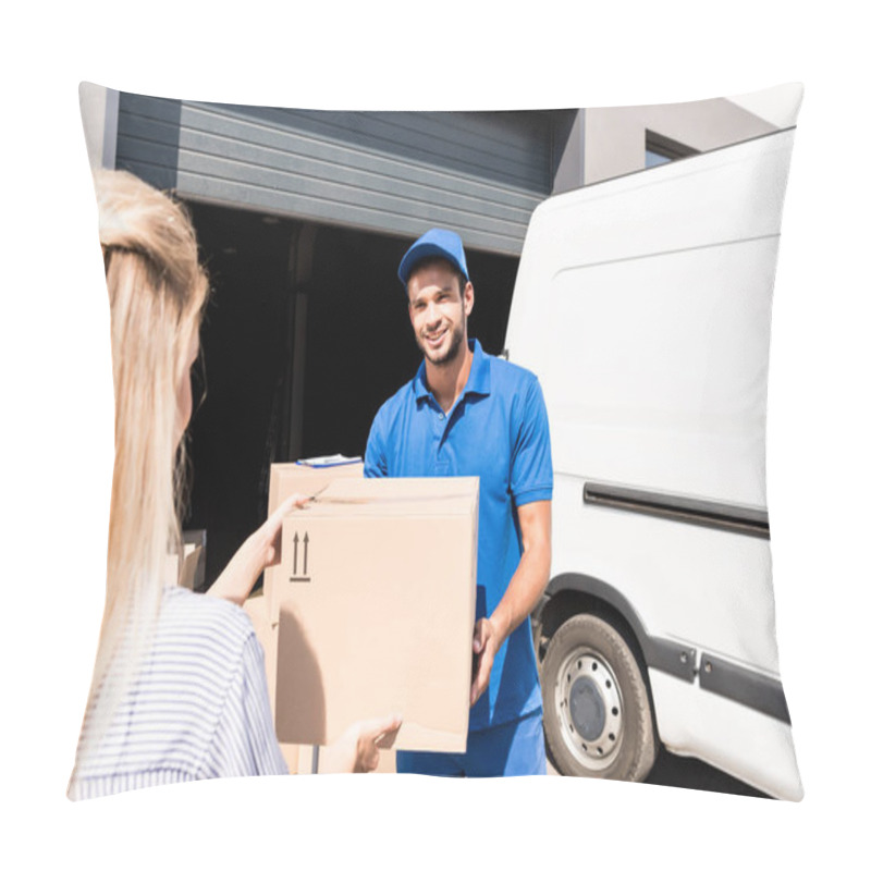 Personality  Courier Giving Package To Woman Pillow Covers