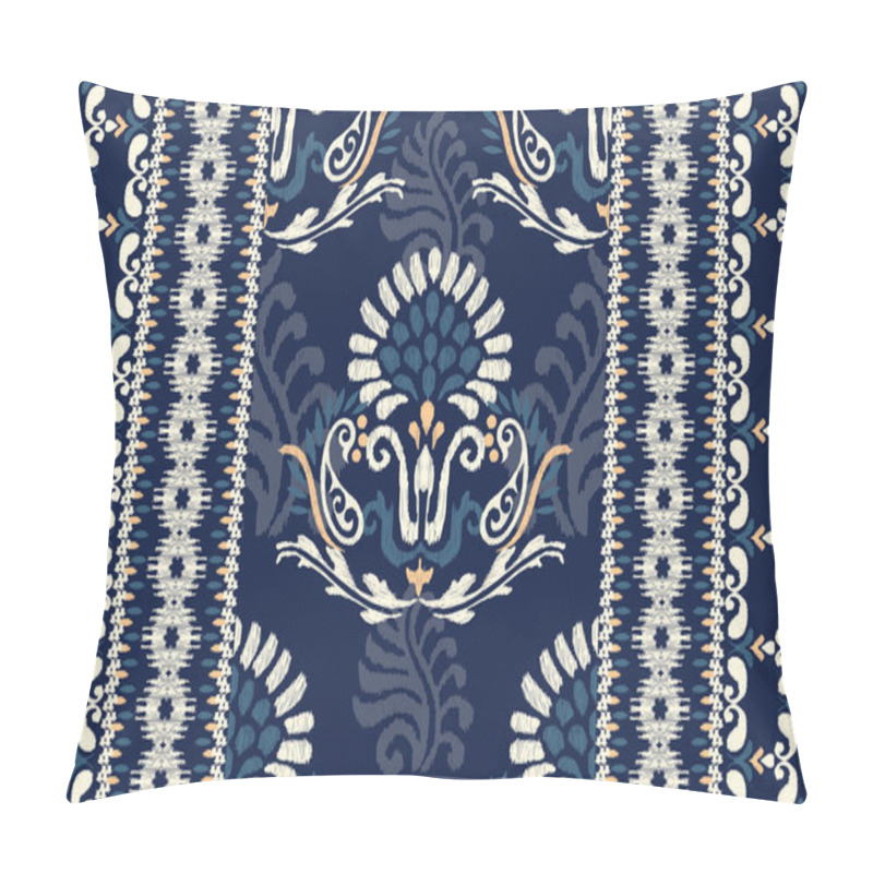 Personality  Ikat Floral Paisley Embroidery On Navy Blue Background.Ikat Ethnic Oriental Pattern Traditional.Aztec Style Abstract Vector Illustration.design For Texture,fabric,clothing,wrapping,decoration,carpet. Pillow Covers