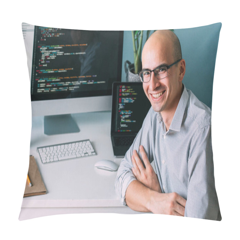 Personality  Programmer, Working Behind The Desk, With Two Screens Filled With Code Lines Pillow Covers