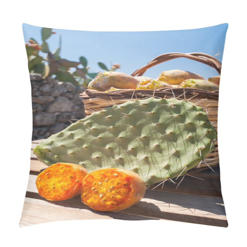 Personality  Cut In Half Prickly Pear, Cactus Plant And Wicker Basket Full Of Just Picked Fruits Near A Dry Stone Wall Pillow Covers