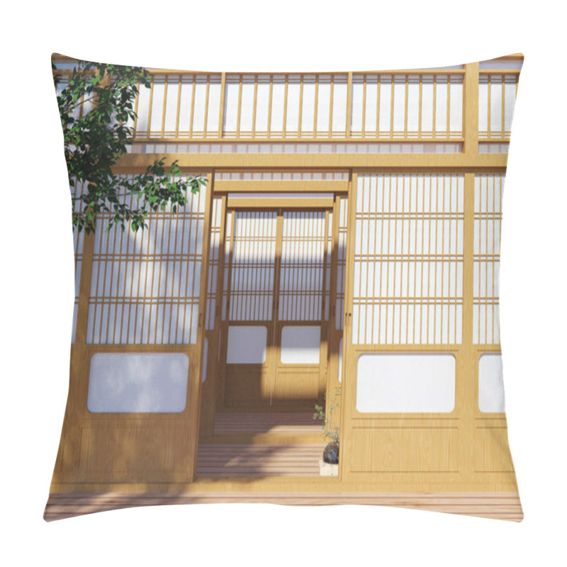 Personality  Wooden Traditional Japanese Shoji Door, Japanese Traditional Building Exterior, 3D Rendering Pillow Covers