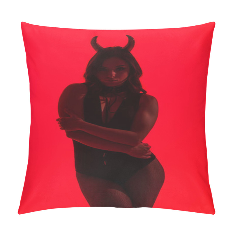 Personality  Silhouette Of Sexy Woman In Devil Costume, Isolated On Red Pillow Covers