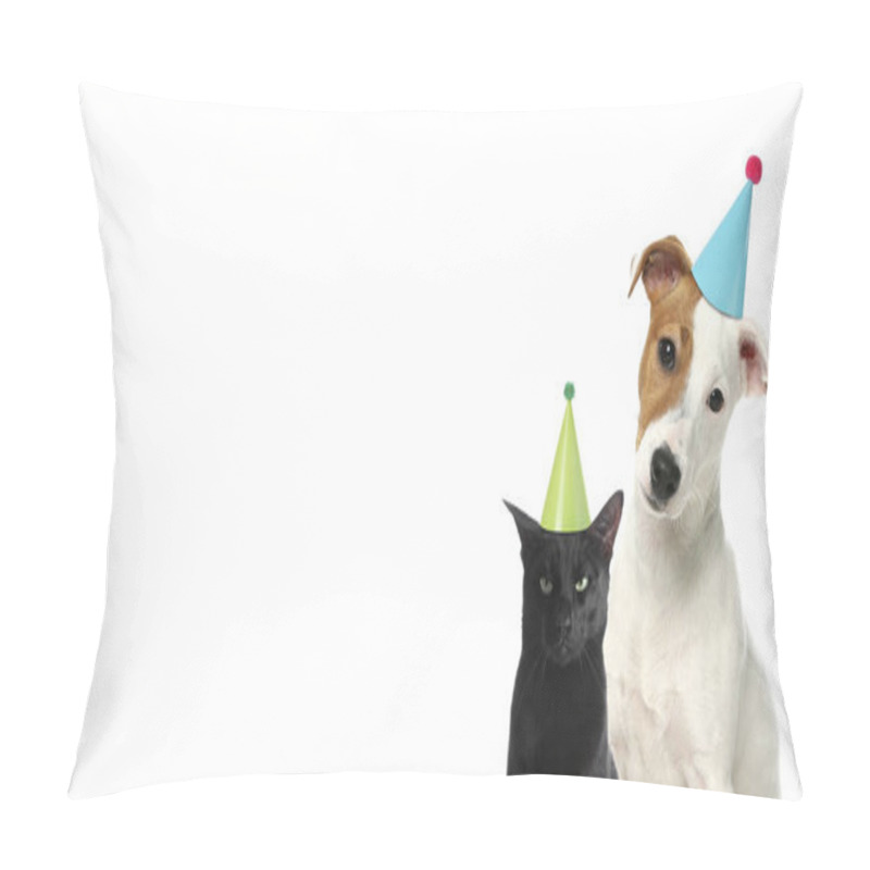 Personality  Cute Dog And Cat With Party Hats On White Background, Banner Design. Space For Text Pillow Covers