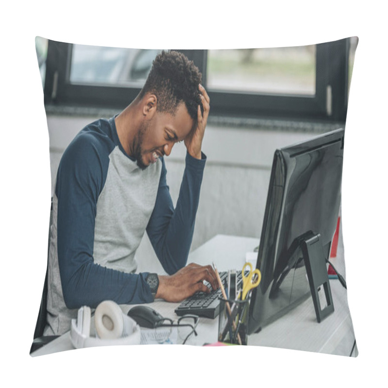 Personality  Upset African American Programmer Holding Hand Near Head While Working On Computer In Office Pillow Covers