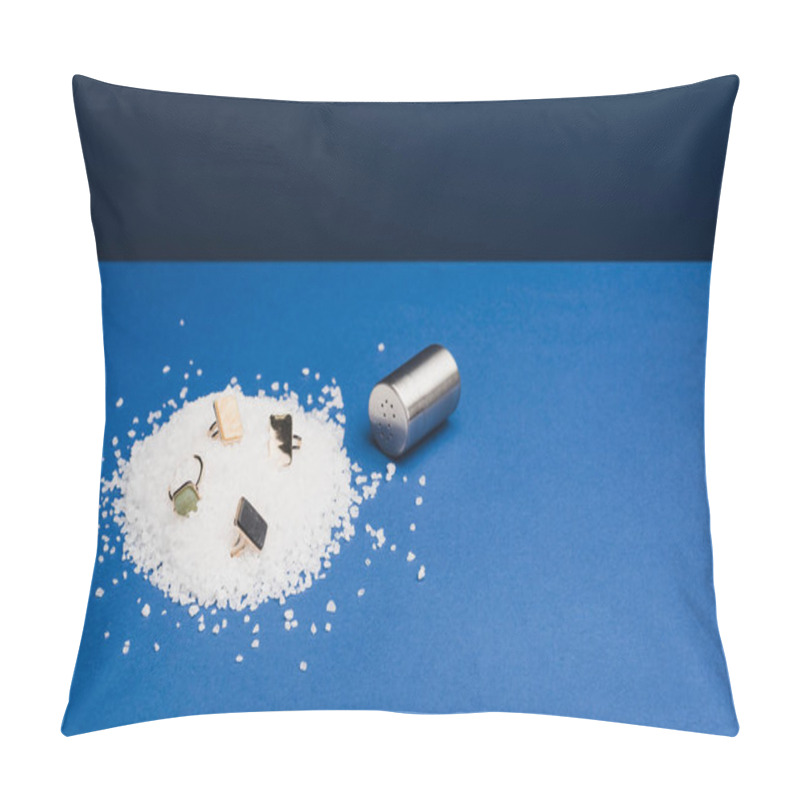 Personality  Jewellery Rings On Heap Of Salt With Salt Shaker On Classic Blue Background Pillow Covers